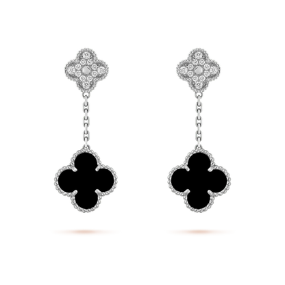 DIANA CLOVER 2 MOTIFS  DIAMOND ONYX EARRINGS SILVER