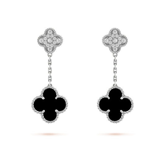 DIANA CLOVER 2 MOTIFS  DIAMOND ONYX EARRINGS SILVER