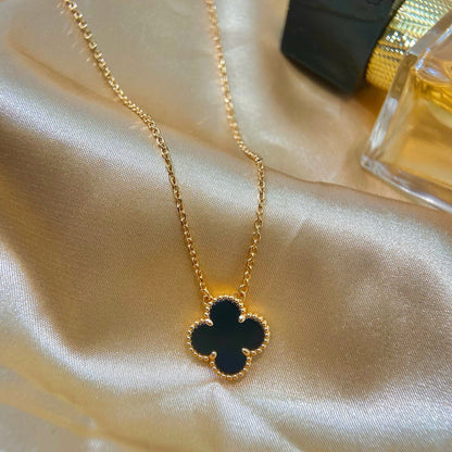 DIANA CLOVER 15MM BLACK ONYX SINGLE FLOWER NECKLACE