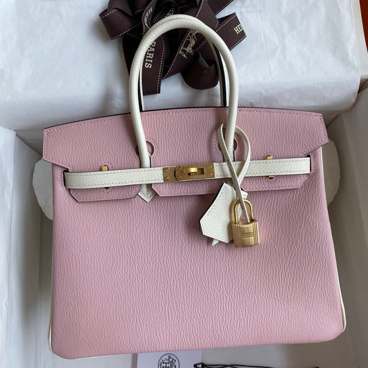 HM BIRKIN CHEVERO ROSA CLARO DE 25 CM DE CUERO MYSORE CON HERRAJES DORADOS