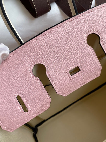 HM BIRKIN CHEVERO ROSA CLARO DE 25 CM DE CUERO MYSORE CON HERRAJES DORADOS