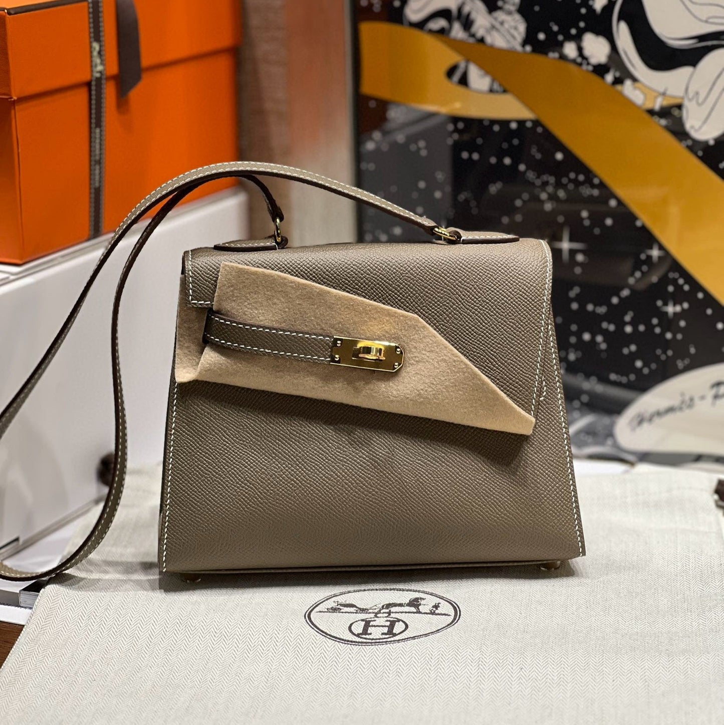 HM Kelly Desordre 20 cm Etoupe Grey Epsom Herrajes dorados