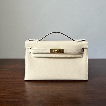 BOLSO DE POCHETTE HM KELLY 22 CM BLANCO BEIGE SWIFT GOLD HARDWARE MEJOR