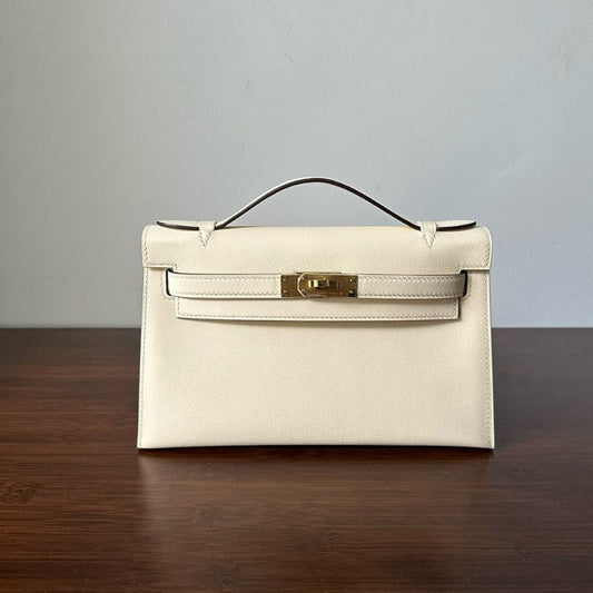 BOLSO DE POCHETTE HM KELLY 22 CM BLANCO BEIGE SWIFT GOLD HARDWARE MEJOR