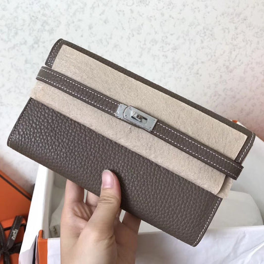 Cartera larga Kelly de 20 cm de piel Etoupe Clement