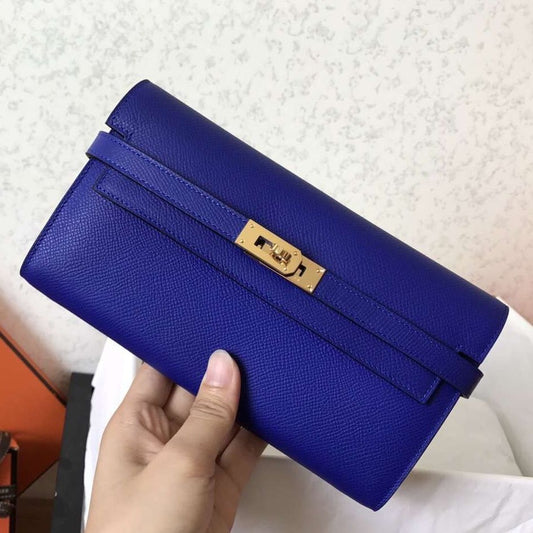 Cartera larga Kelly de 20 cm de piel Epsom azul eléctrico