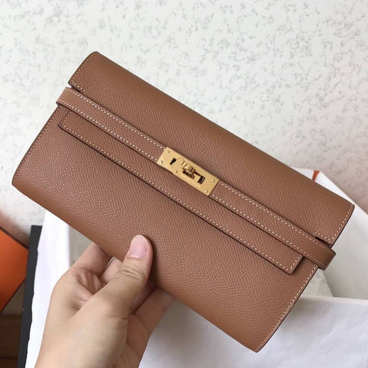Cartera larga Kelly de 20 cm de piel Epsom marrón