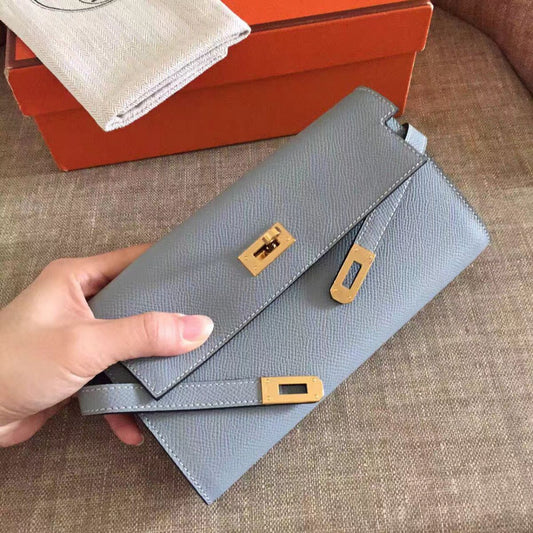 Cartera larga Kelly de 20 cm de piel Epsom gris roca