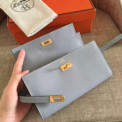 Cartera larga Kelly de 20 cm de piel Epsom gris roca