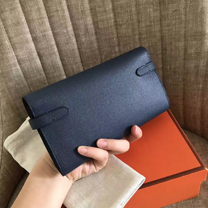 Cartera larga Kelly de 20 cm de piel Epsom azul marino