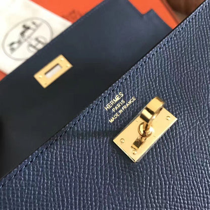 Cartera larga Kelly de 20 cm de piel Epsom azul marino