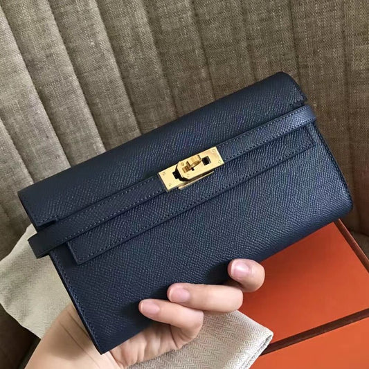Cartera larga Kelly de 20 cm de piel Epsom azul marino
