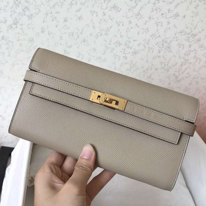 Cartera Kelly Long de 20 cm de piel Epsom gris
