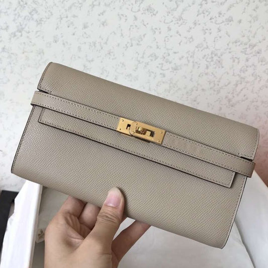 Cartera Kelly Long de 20 cm de piel Epsom gris