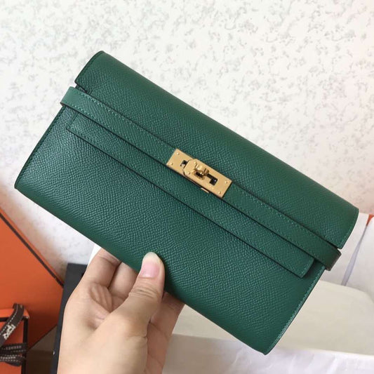 Cartera larga Kelly de 20 cm de piel de Epsom verde oscuro