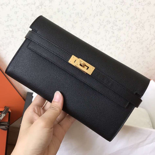 Cartera larga Kelly de 20 cm de piel Epsom negra
