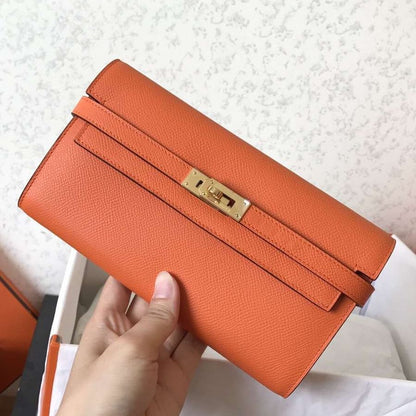 Cartera larga Kelly de 20 cm de piel Epsom naranja