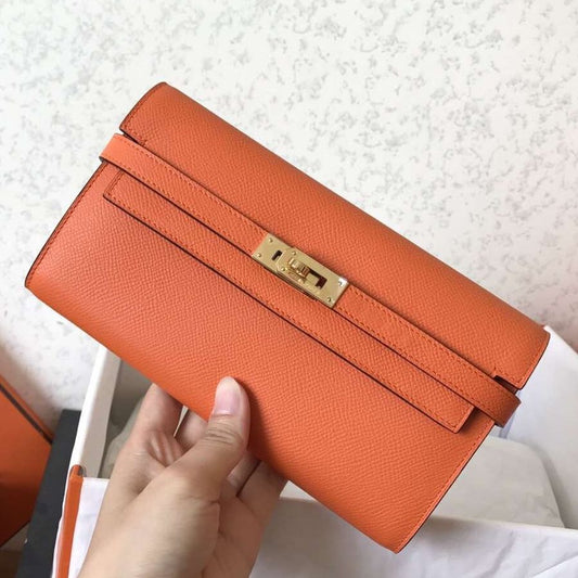 Cartera larga Kelly de 20 cm de piel Epsom naranja