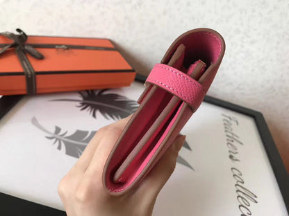 Cartera larga Kelly de 20 cm de piel de Epsom rosa