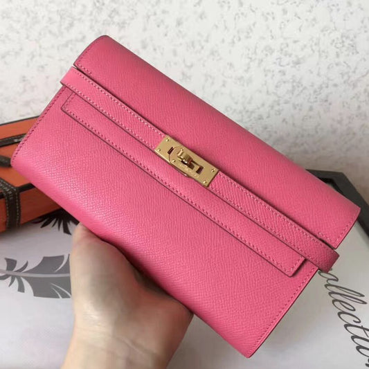 Cartera larga Kelly de 20 cm de piel de Epsom rosa