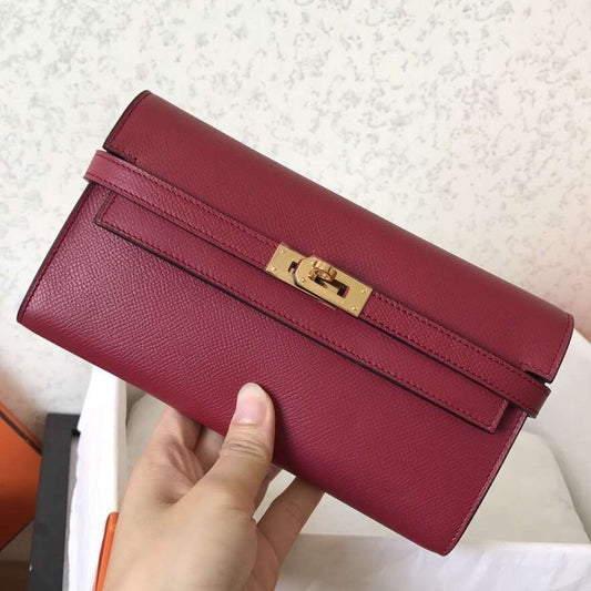 Cartera larga Kelly de 20 cm de piel Epsom color rojo oscuro