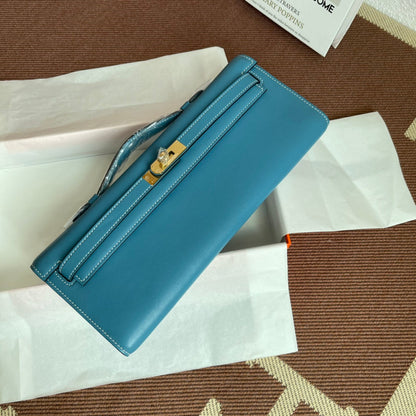 HM Kelly Cut 31cm Cuero Swift Azul Claro Ghw