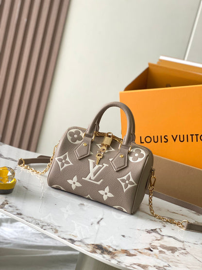 SPEEDY BANDOULIÈRE 20 EN CUIR EMPREINTE MONOGRAMME MARRON TAUPE ET BLANC