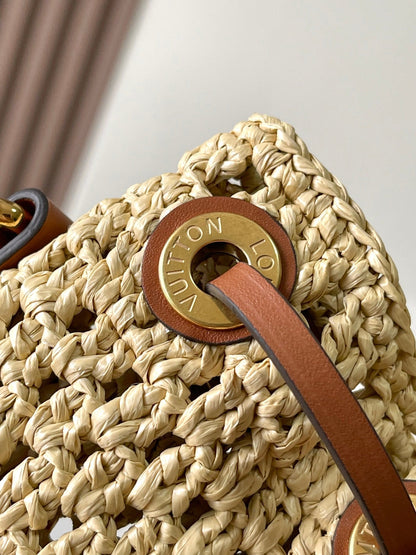 SAC À MAIN NO¨¦ 24 EN RAPHIA CROCHETÉ BEIGE ET BORDURE EN CUIR DE VEAU MARRON