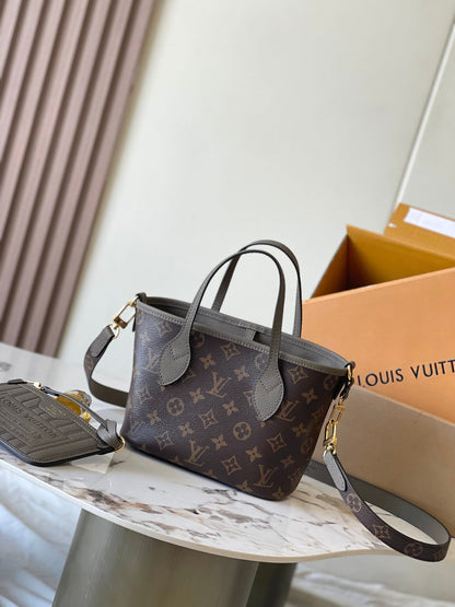 SAC À BANDOULIÈRE NEVERFULL INSIDE OUT BB 24 EN TOILE MONOGRAMME MARRON ET CUIR DE VEAU GRIS