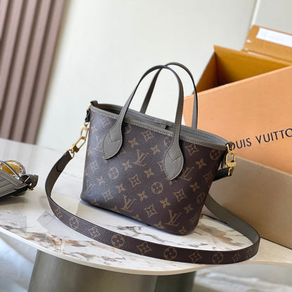 SAC À BANDOULIÈRE NEVERFULL INSIDE OUT BB 24 EN TOILE MONOGRAMME MARRON ET CUIR DE VEAU GRIS