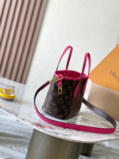 NEVERFULL BANDOULI¨¨RE INSIDE OUT BB 24 EN LONA MONOGRAMA MARRÓN Y PIEL DE BECERRO ROSA