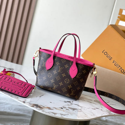 NEVERFULL BANDOULI¨¨RE INSIDE OUT BB 24 EN LONA MONOGRAMA MARRÓN Y PIEL DE BECERRO ROSA