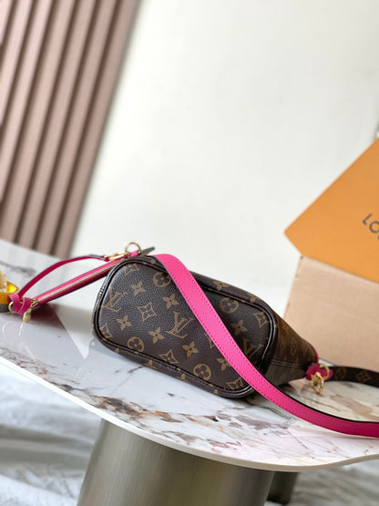 NEVERFULL BANDOULI¨¨RE INSIDE OUT BB 24 EN LONA MONOGRAMA MARRÓN Y PIEL DE BECERRO ROSA
