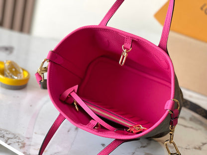 NEVERFULL BANDOULI¨¨RE INSIDE OUT BB 24 EN LONA MONOGRAMA MARRÓN Y PIEL DE BECERRO ROSA