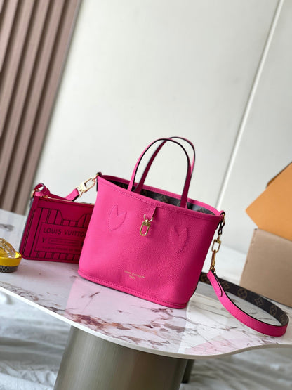 NEVERFULL BANDOULI¨¨RE INSIDE OUT BB 24 EN LONA MONOGRAMA MARRÓN Y PIEL DE BECERRO ROSA