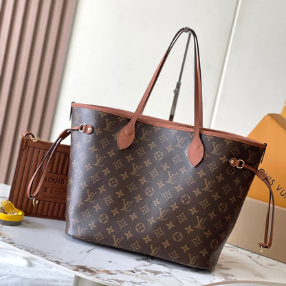 NEVERFULL INSIDE OUT MM 31 EN LONA MARRÓN CON MONOGRAMA Y RIBETE DE PIEL DE BECERRO