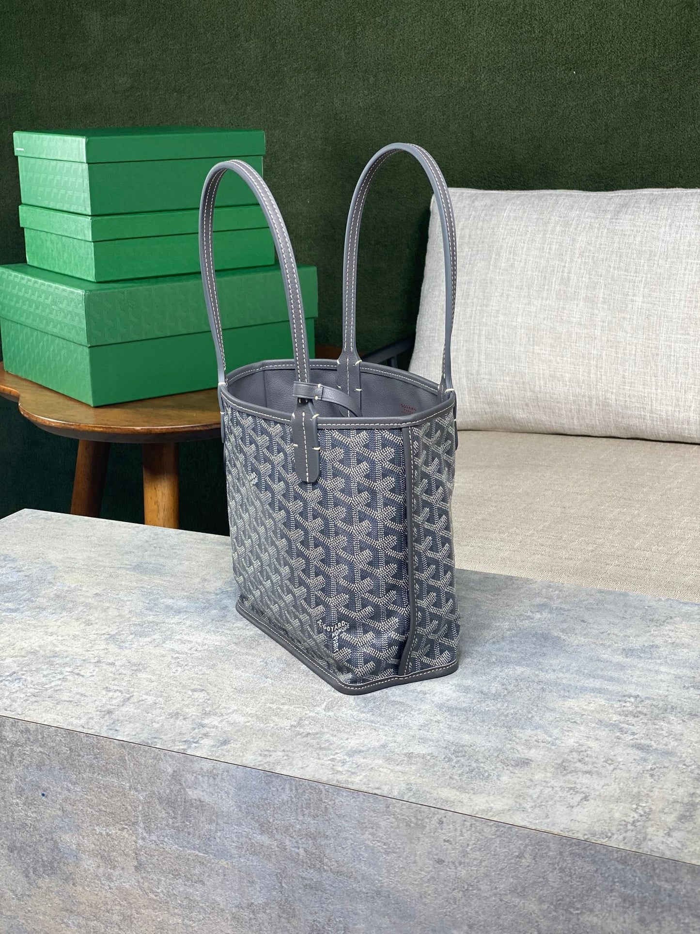 SAC ANJOU MINI 20 EN TOILE GOYARDINE GRISE ET CUIR DE VEAU