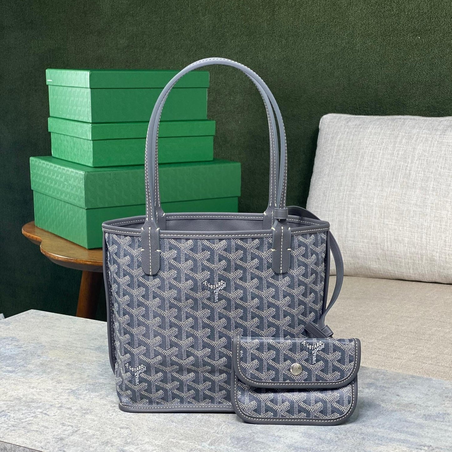 SAC ANJOU MINI 20 EN TOILE GOYARDINE GRISE ET CUIR DE VEAU