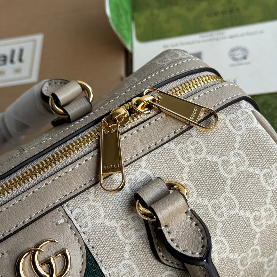 BOLSO PEQUEÑO OPHIDIA CON ASA SUPERIOR 26 EN LONA BLANCA BEIGE Y ADORNOS DE PIEL DE BECERRO COLOR AVENA CON HERRAJES DORADOS