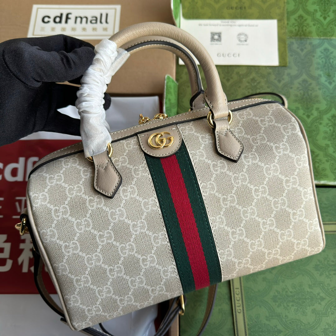 BOLSO PEQUEÑO OPHIDIA CON ASA SUPERIOR 26 EN LONA BLANCA BEIGE Y ADORNOS DE PIEL DE BECERRO COLOR AVENA CON HERRAJES DORADOS