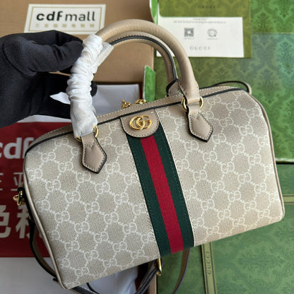 BOLSO PEQUEÑO OPHIDIA CON ASA SUPERIOR 26 EN LONA BLANCA BEIGE Y ADORNOS DE PIEL DE BECERRO COLOR AVENA CON HERRAJES DORADOS