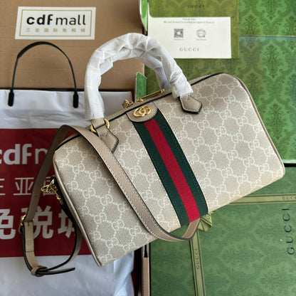 BOLSO PEQUEÑO OPHIDIA CON ASA SUPERIOR 26 EN LONA BLANCA BEIGE Y ADORNOS DE PIEL DE BECERRO COLOR AVENA CON HERRAJES DORADOS
