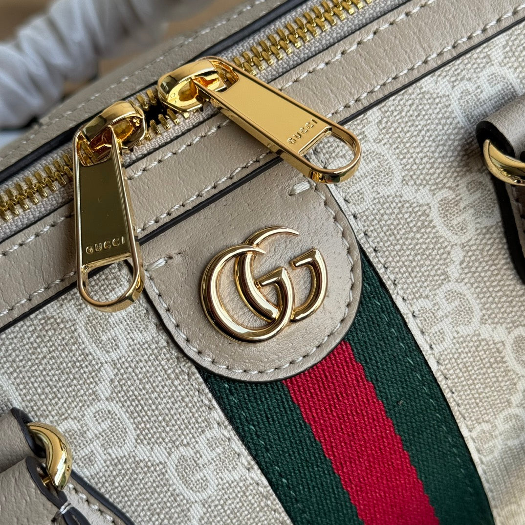 BOLSO PEQUEÑO OPHIDIA CON ASA SUPERIOR 26 EN LONA BLANCA BEIGE Y ADORNOS DE PIEL DE BECERRO COLOR AVENA CON HERRAJES DORADOS