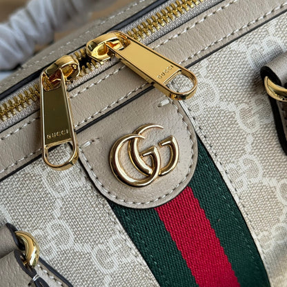 BOLSO PEQUEÑO OPHIDIA CON ASA SUPERIOR 26 EN LONA BLANCA BEIGE Y ADORNOS DE PIEL DE BECERRO COLOR AVENA CON HERRAJES DORADOS