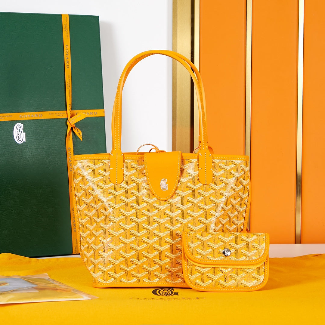 SAC ANJOU MINI 20 EN TOILE GOYARDINE JAUNE ET CUIR DE VEAU
