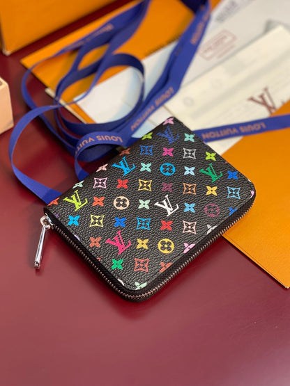 Monedero Zippy LV x TM de lona negra con monograma multicolor