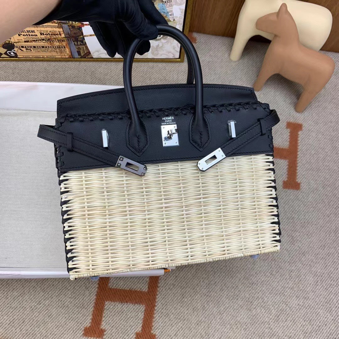 HM BIRKIN 25 CM PICNIC NEGRO BAMBÚ Y RATÁN
