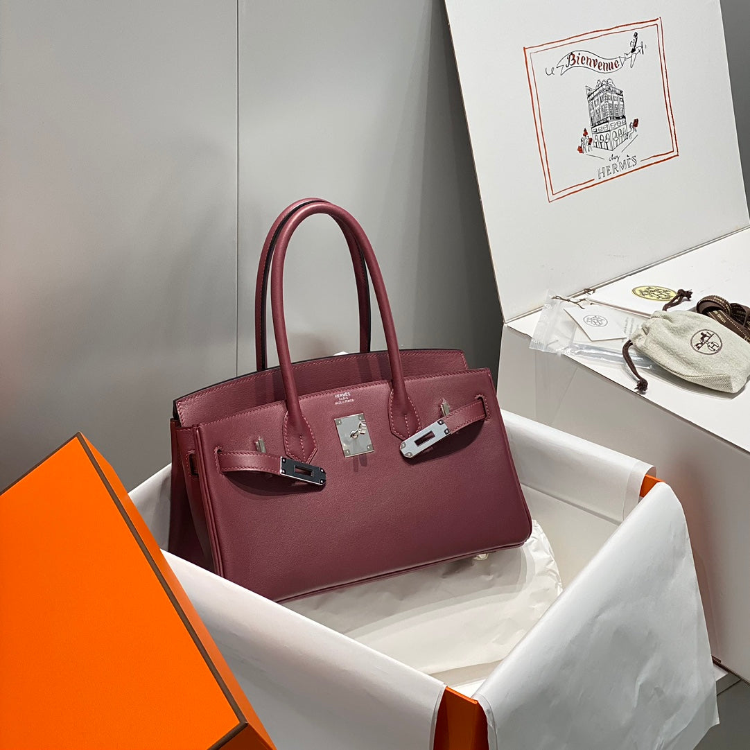 Bolso de hombro HM Birkin 29, color vino tinto y marrón, piel 222339