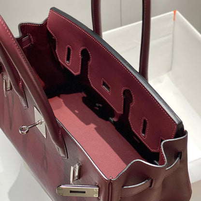 Bolso de hombro HM Birkin 29, color vino tinto y marrón, piel 222339