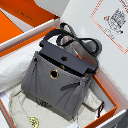Bolso HM Mini Herbag Gold Buckle 20 en lona gris y piel de vacuno Hunter 243270